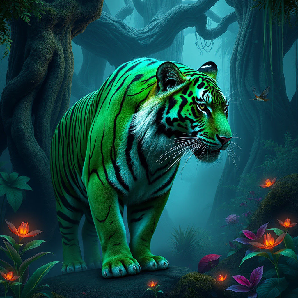 Emerald Tiger in Misty Jungle: Fantasy Concept Art