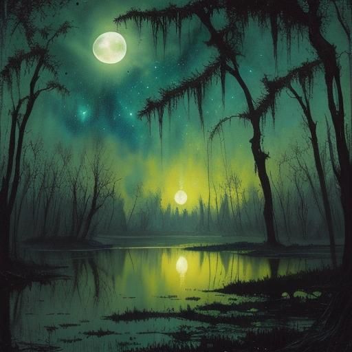 Creepy Swamp Landscape in Watercolor Style