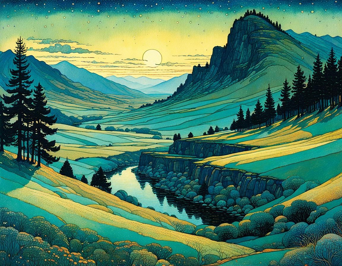 Dreamy Sunset Landscape in Mystical Style