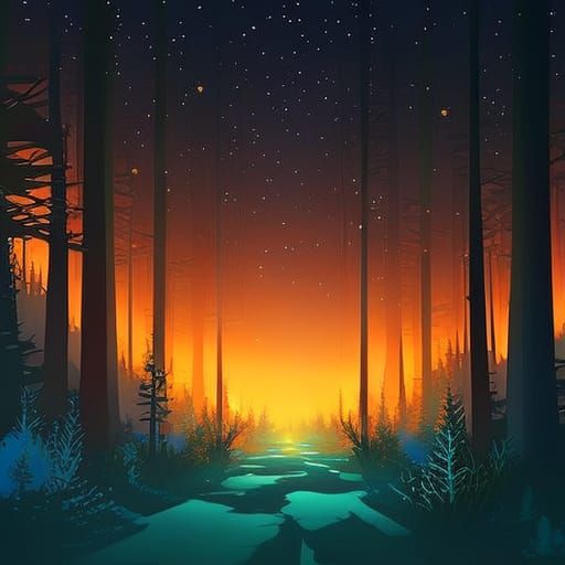 Bioluminescent Forest Path Under Starry Night, Fantasy Art
