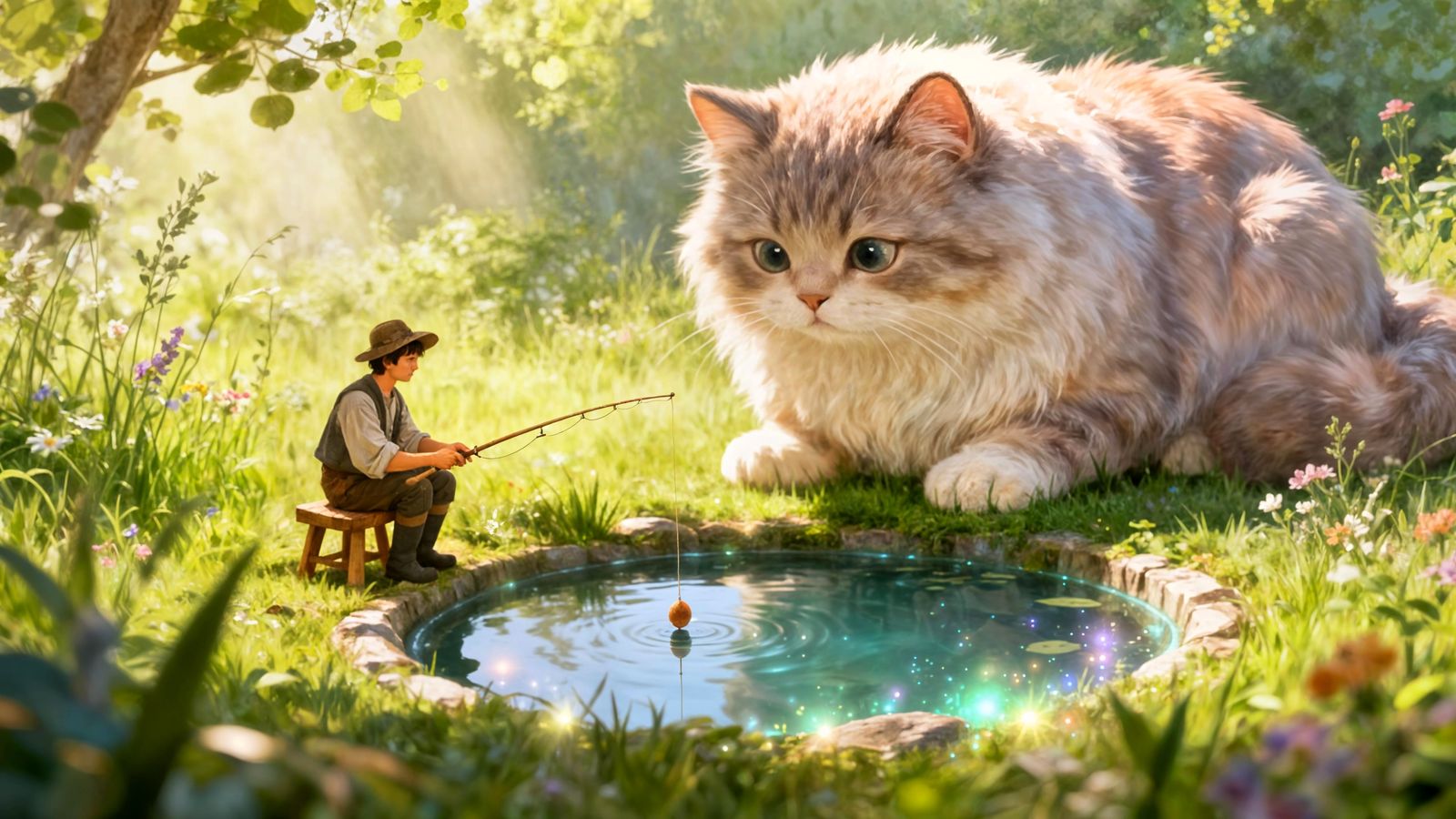 Fisherman and Giant Cat by Pond
