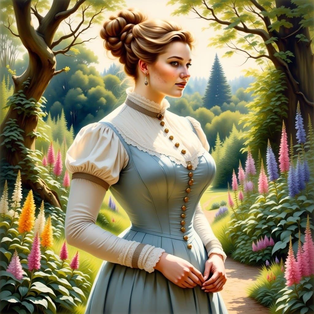 Victorian Woman in Botanic Garden, Watercolor Style