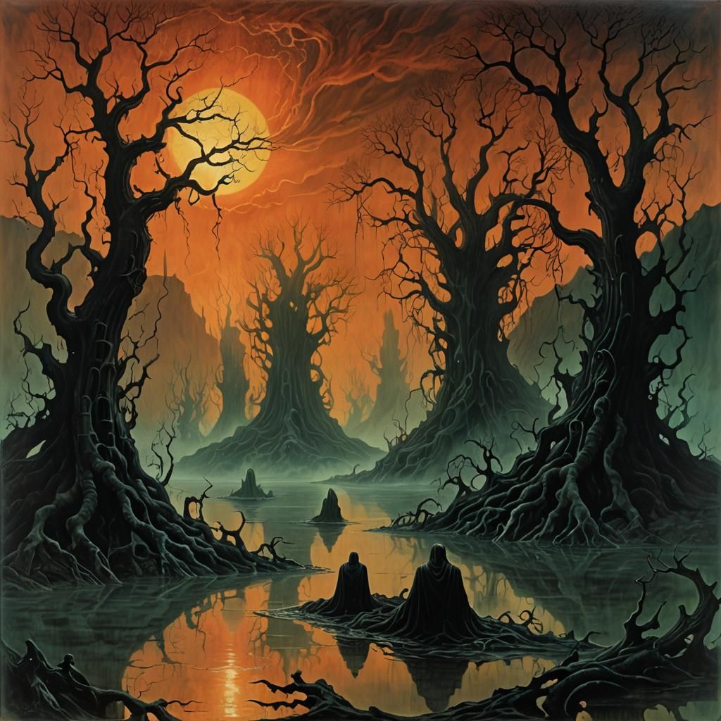 Ethereal Figures on Serpentine River in Dark Surrealism