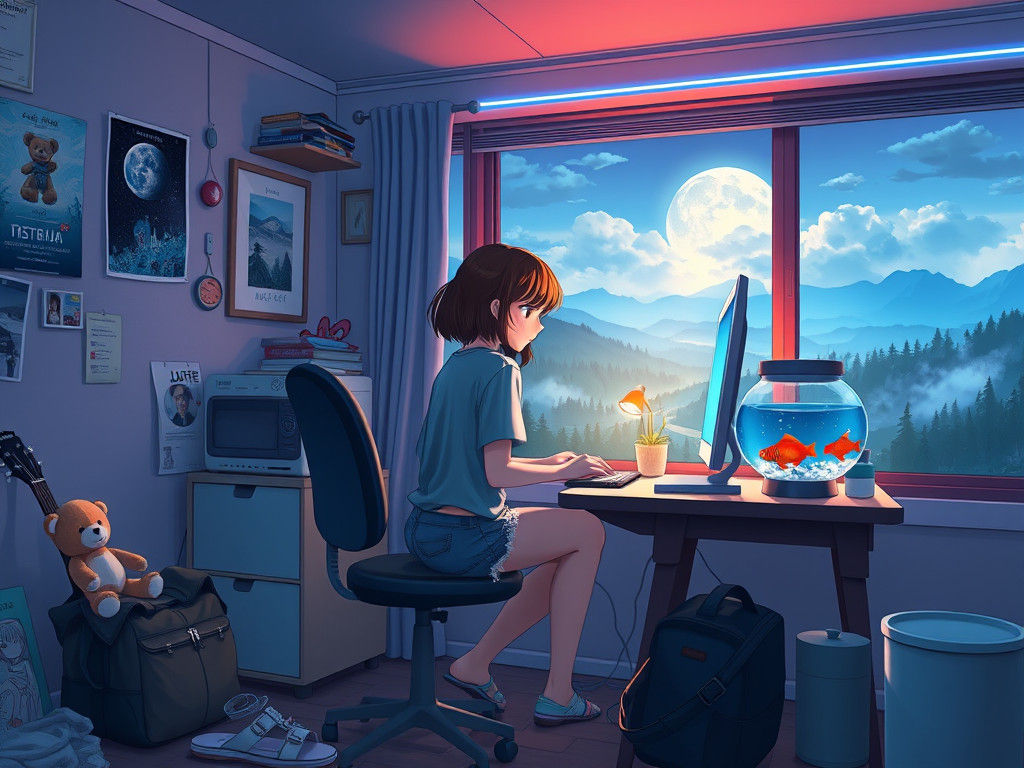 Teenage Girl's Cozy 80s Anime Bedroom at Night