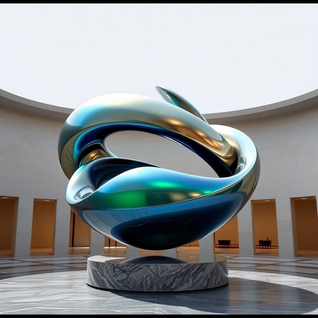 Escher-Inspired Abstract Sculpture in Iridescent Metallic Hu...