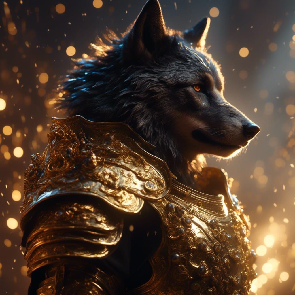 Armored Black Wolf Surrounded by Fire in Hyperrealism