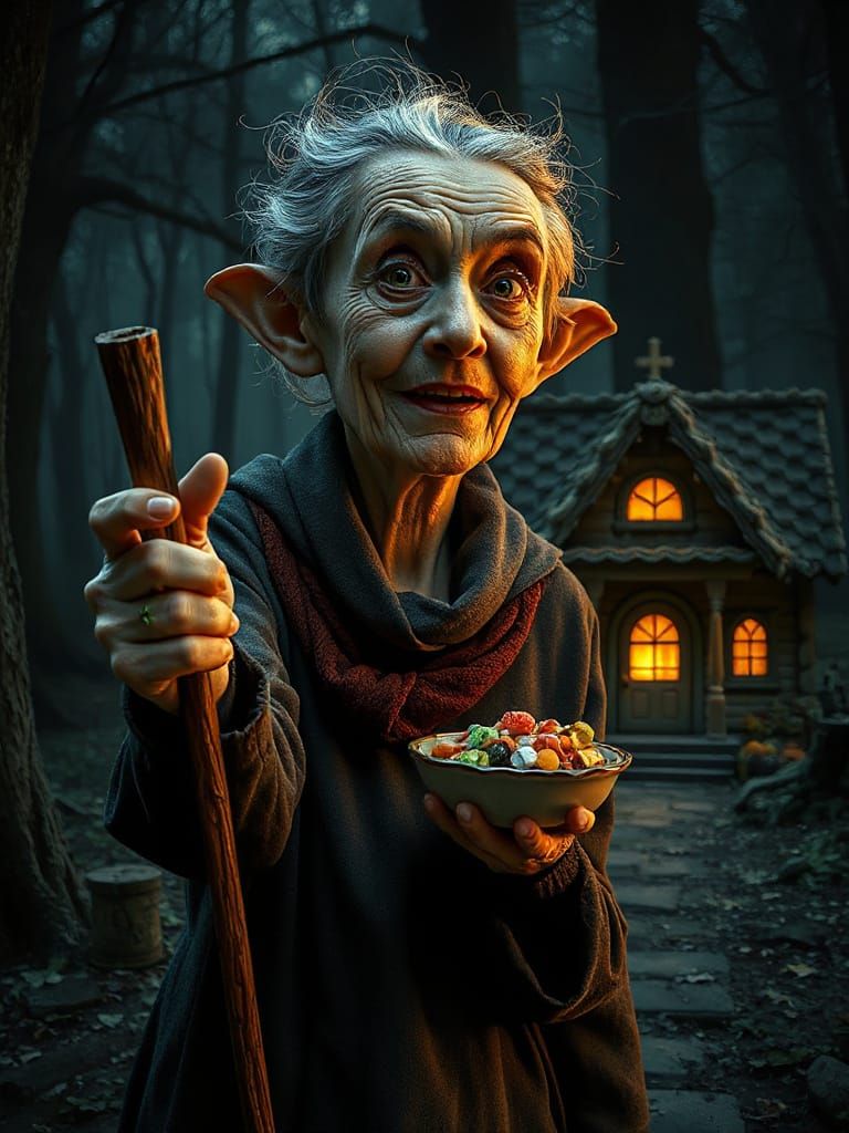 Wicked Witch Offers Candy From Gingerbread House
