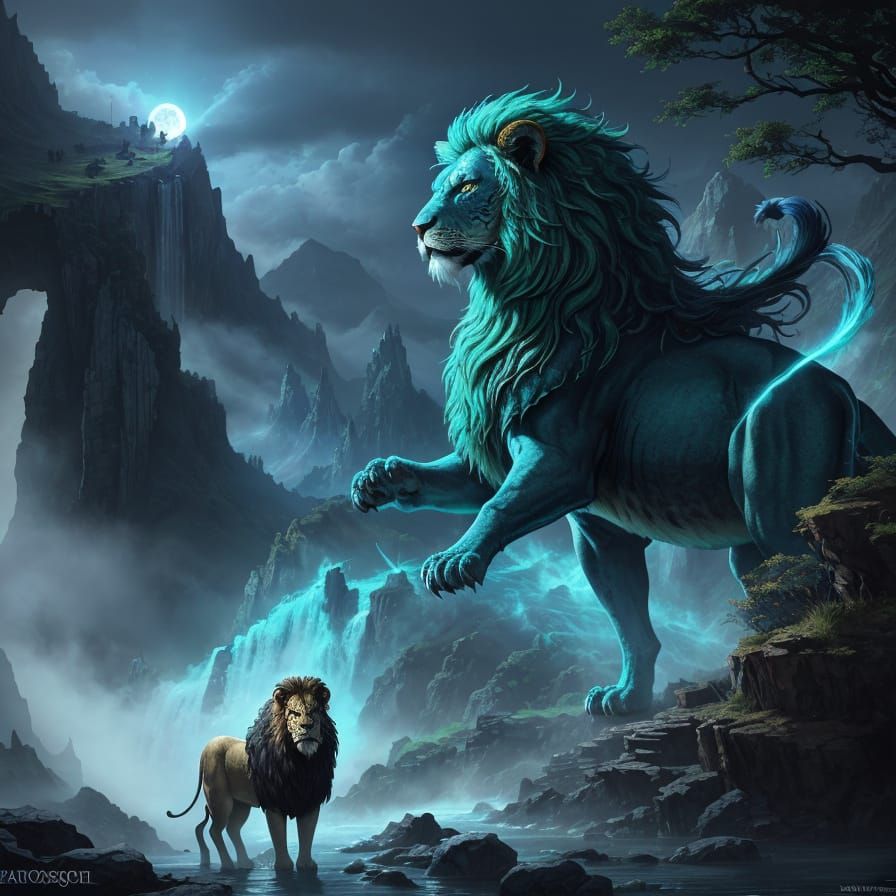 Majestic Peacock Lion Hybrid Near Waterfall