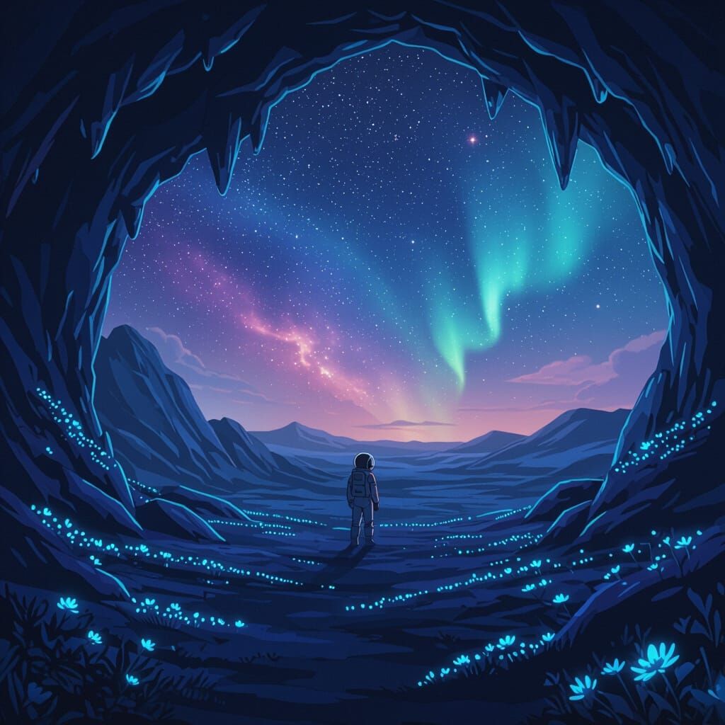 Astronaut Gazes at Nebula Sky from Crystal Cave