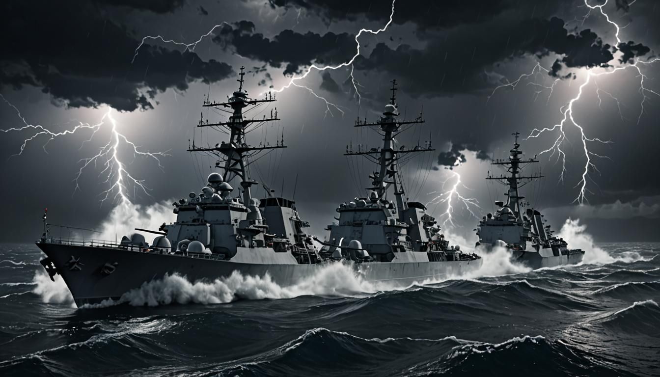 Navy Cruiser in Stormy Seas at Night