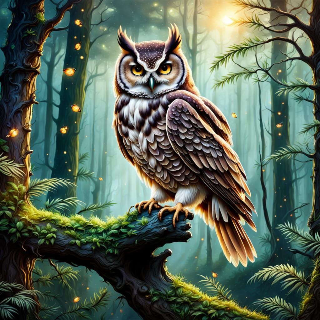Wise Owl in Mystical Forest: Watercolor Fantasy Art
