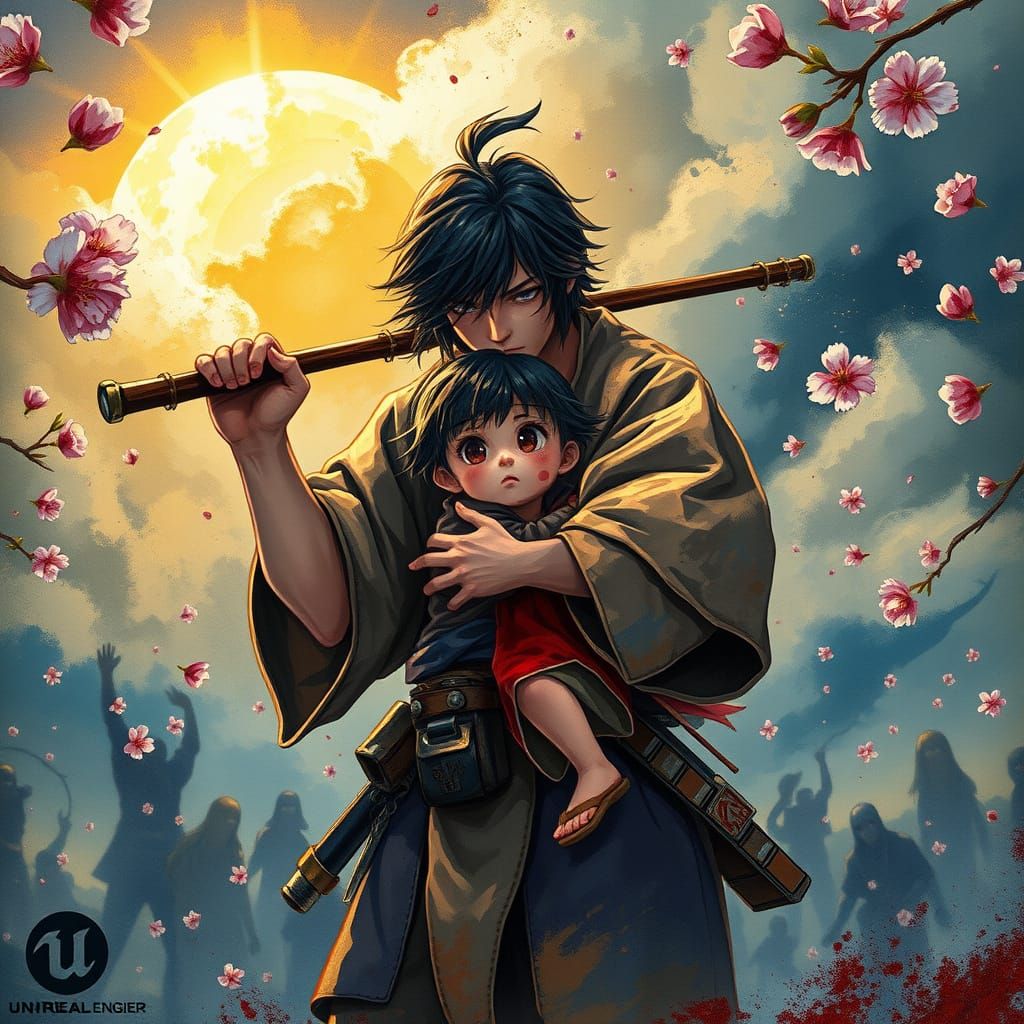 Heroic Boy Shields Child from Zombie Horde in Cherry Blossom...