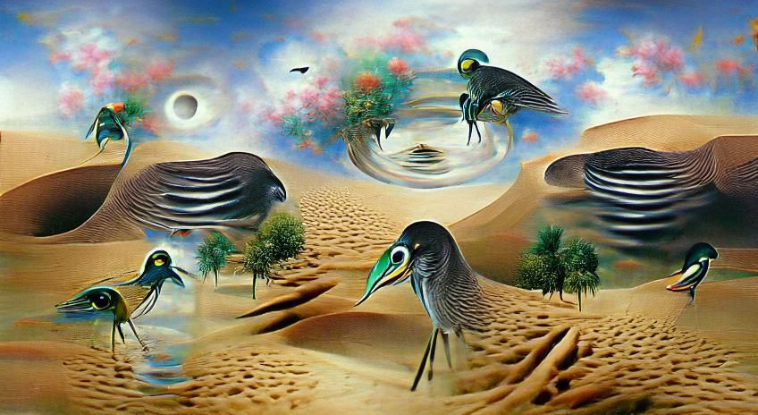Surreal Desert Oasis with Colorful Birds