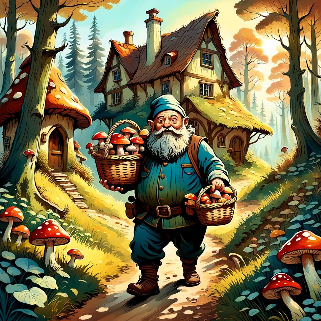 Charming Dwarf in Forest Landscape Illustration