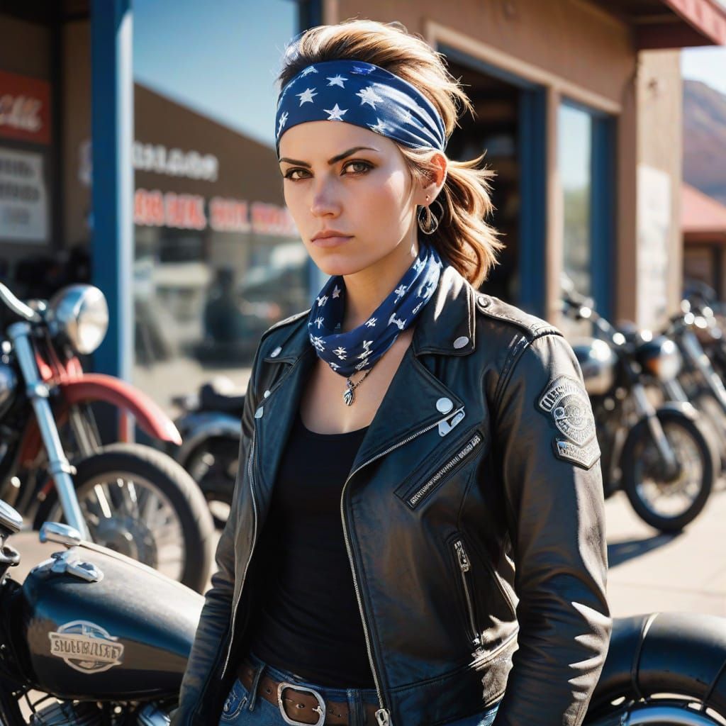 Biker Chick in American Southwest: Harsh Sunlight Photograph...