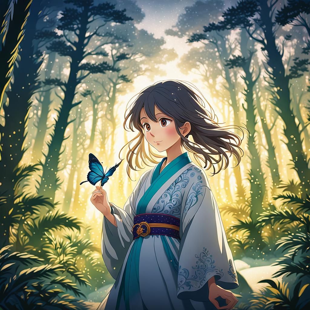 Anime Girl Releases Butterfly in Lush Forest