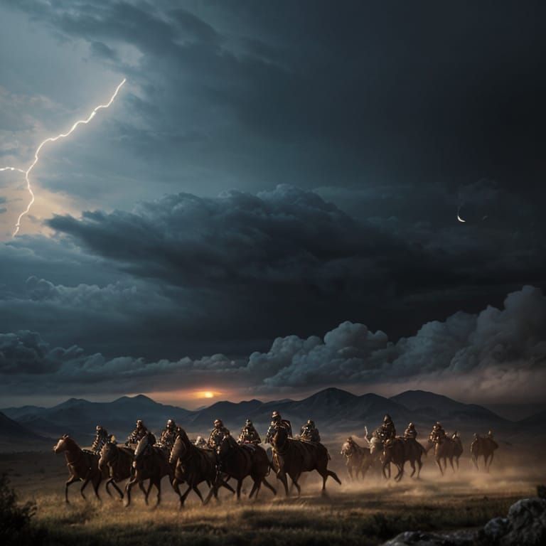 Epic Fantasy Knights Charging into a Dark Sunset