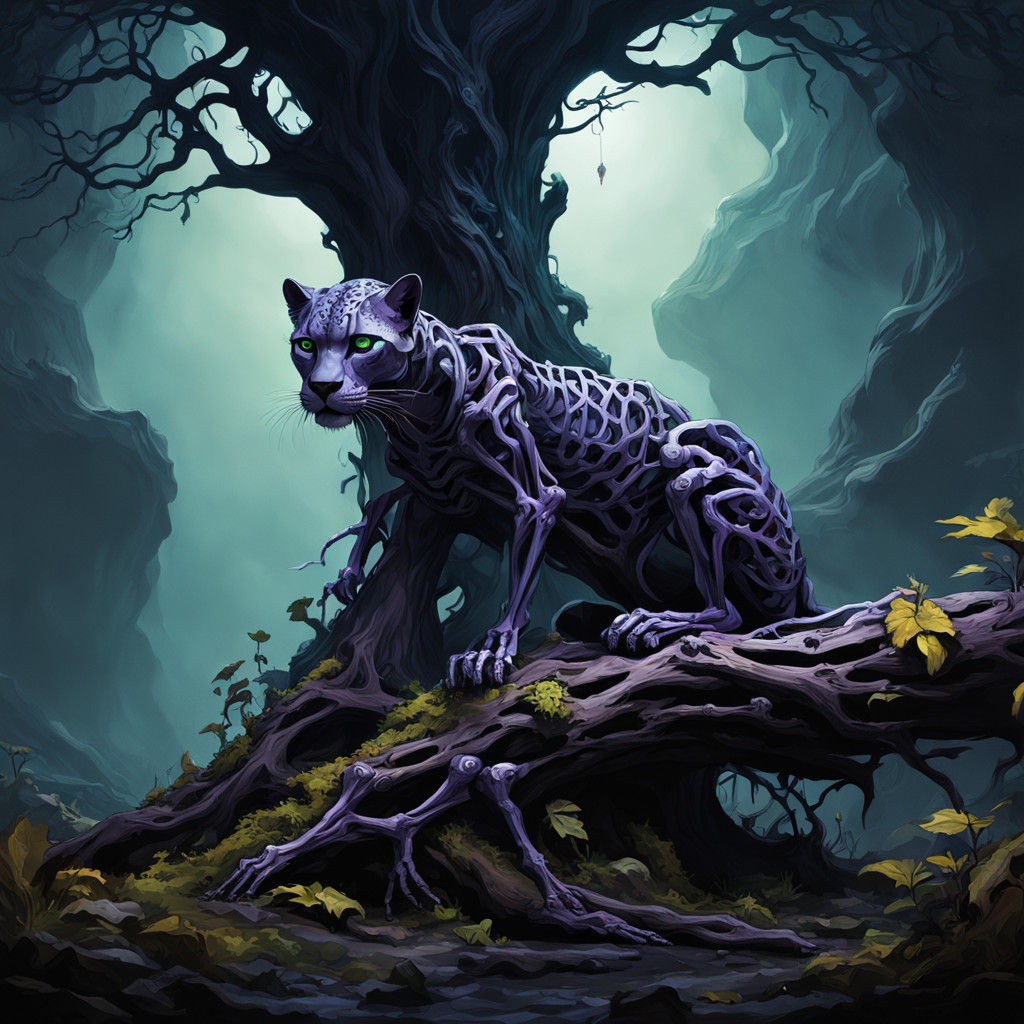 Cyberpunk-Styled Skeleton Leopard Reigns Over Dark, Mystical...