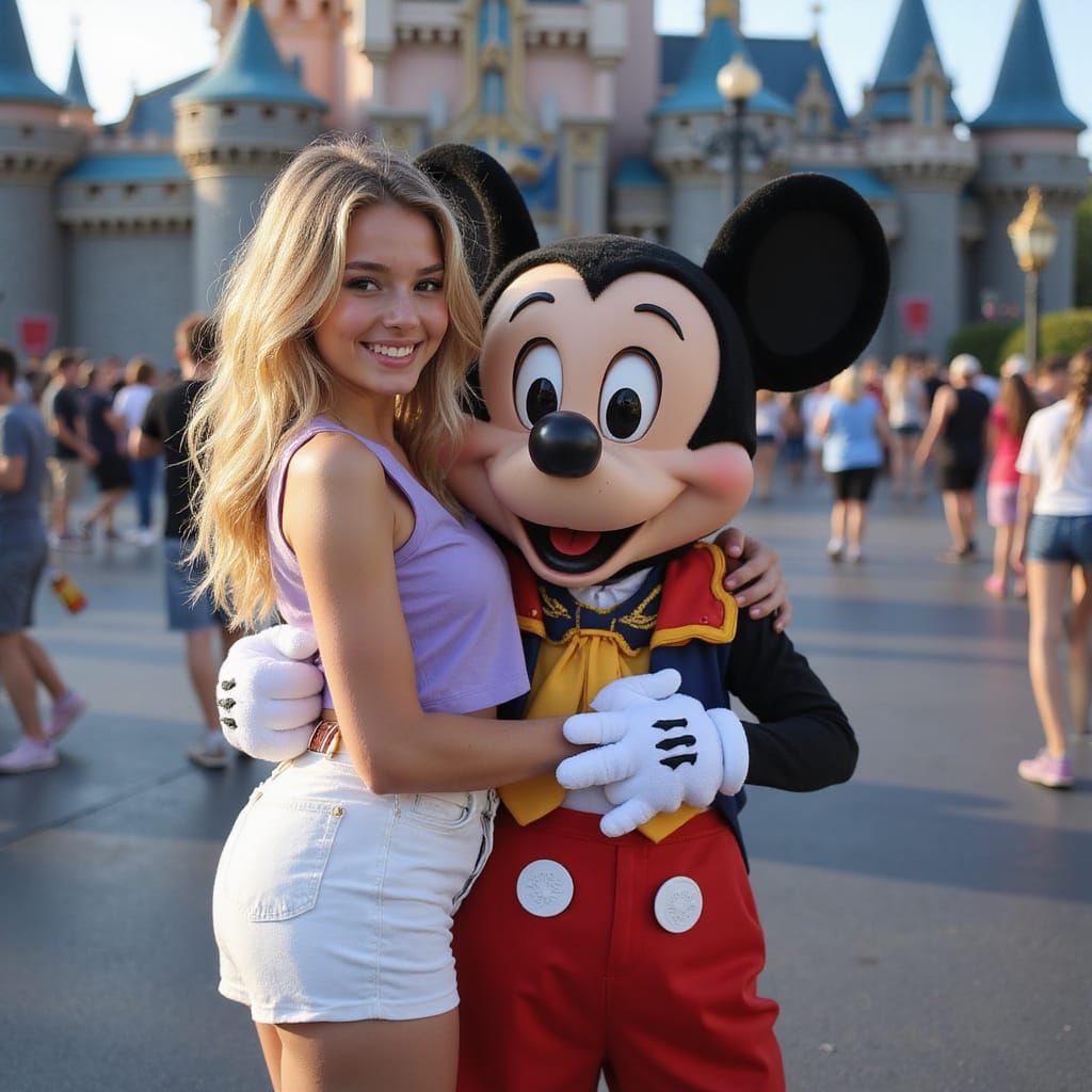 Lily Poses with Mickey Mouse at the Meet and Greet at the Entrance of the Magic Kingdom