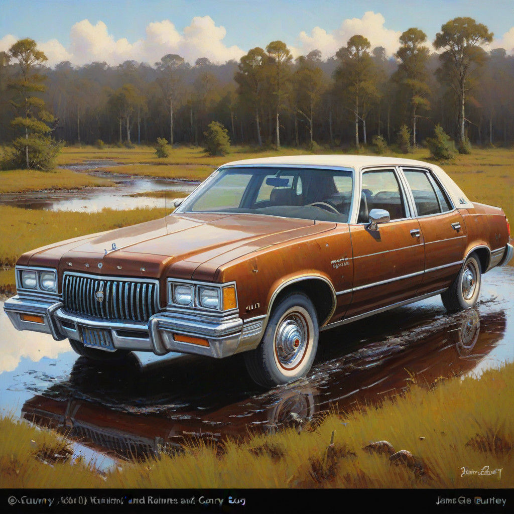 A Buick Car Embarks on a Muddy Journey in a Dreamlike Oil Pa...