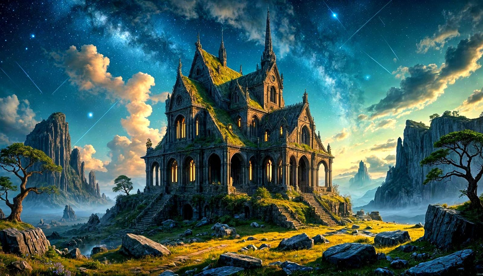 Nebula Over Ancient Elven Ruins at Night