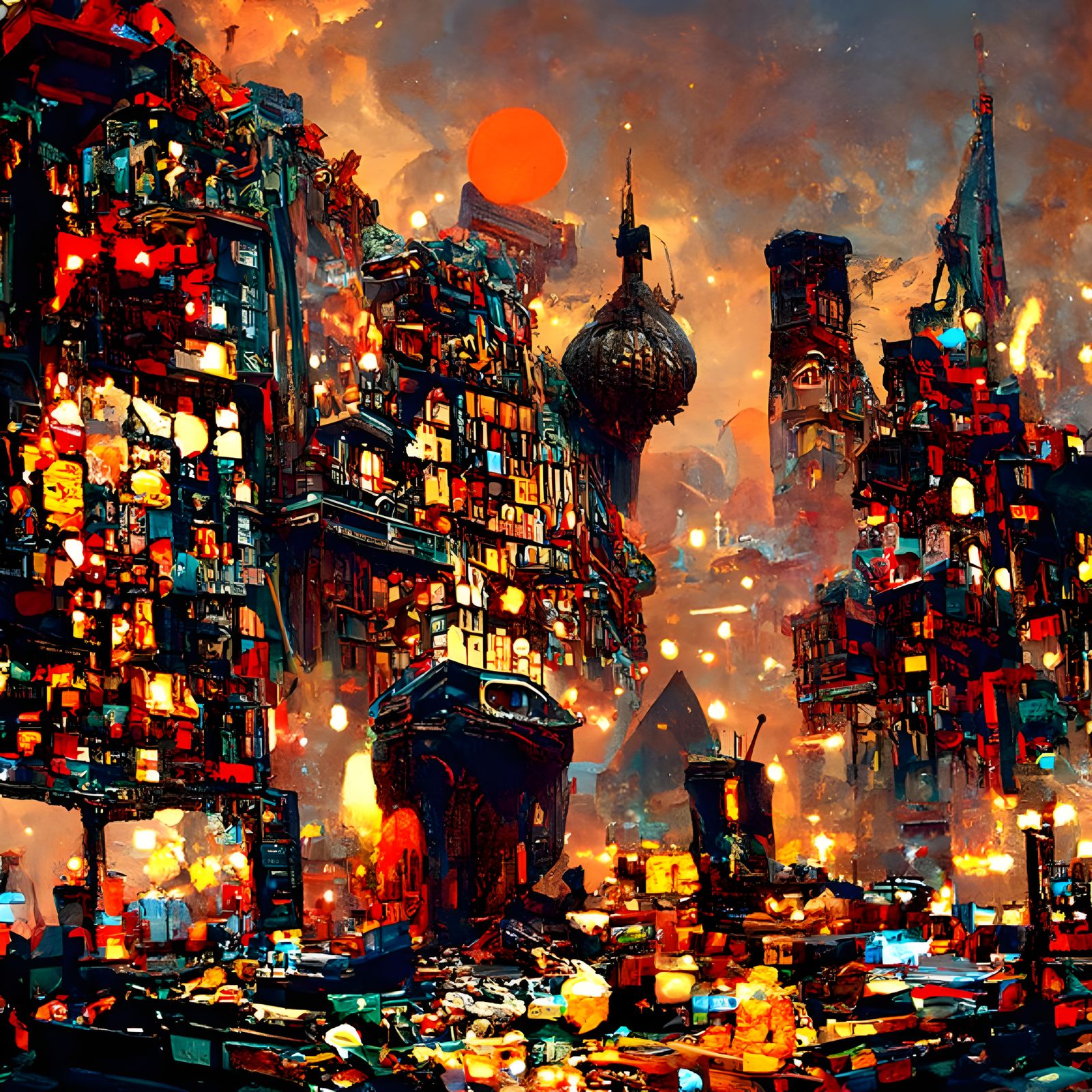 Dystopian Cyberpunk Cityscape in Disarray