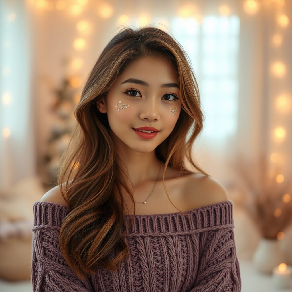 Ethereal Asian Woman in Whimsical Mauve Haze