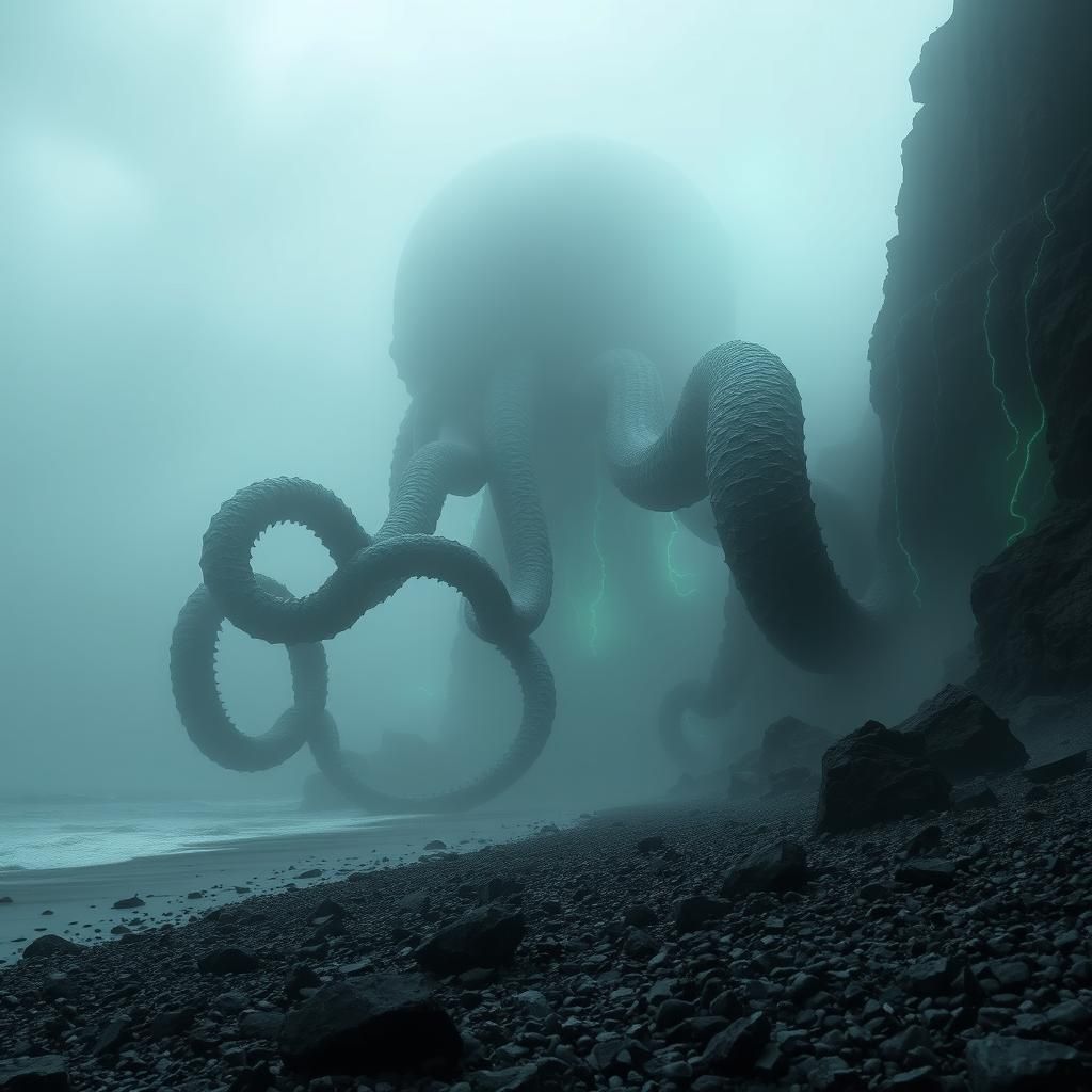 Eldritch Leviathan Emerges from Fog: A Lovecraftian Horror