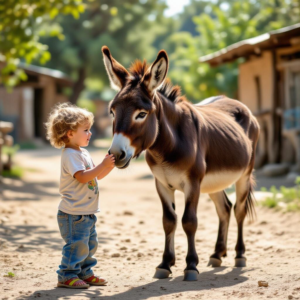 Child Plays With Friendly Donkey