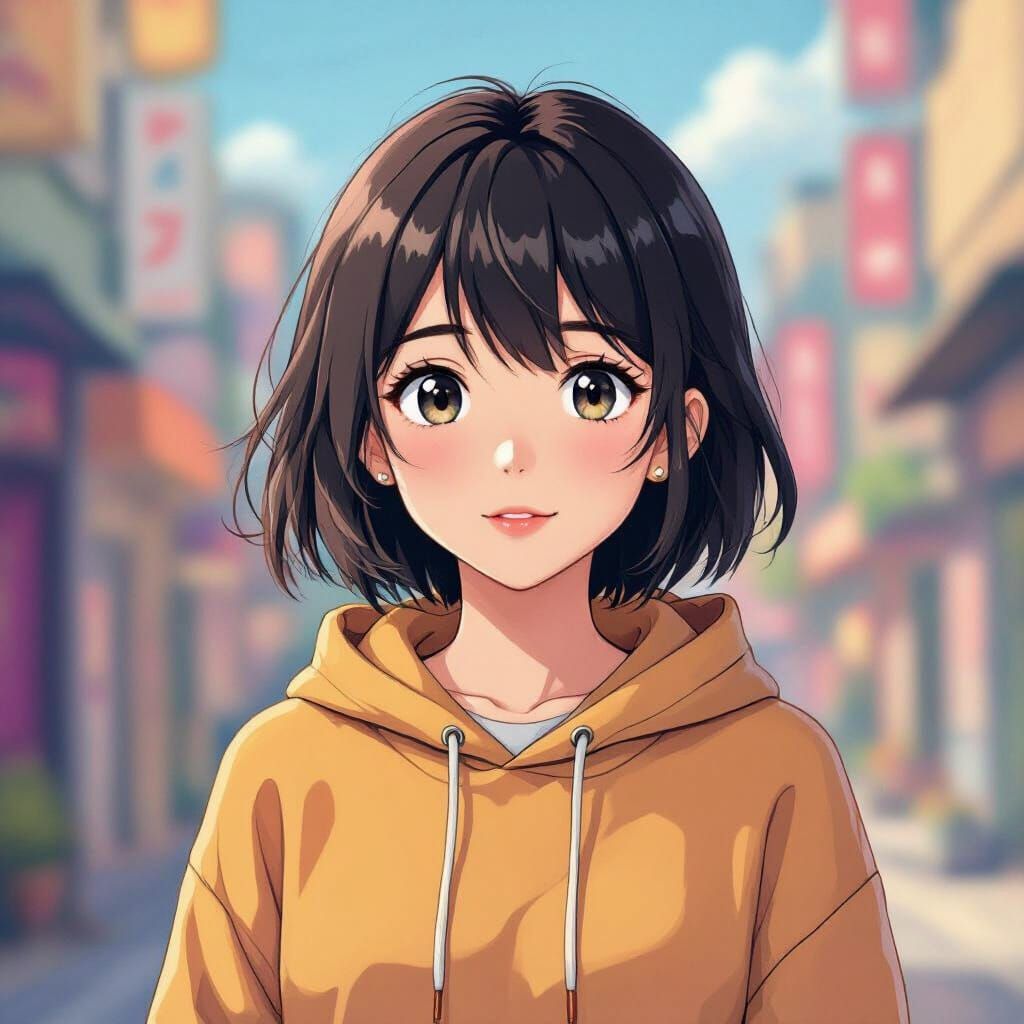 Anime Girl in Hoodie, Miyazaki-Inspired Digital Art