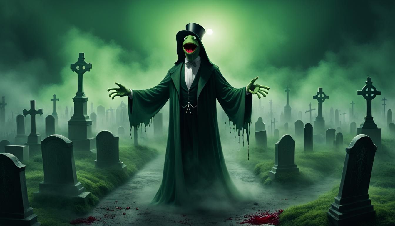 Evil Kermit the Frog in Graveyard Horror