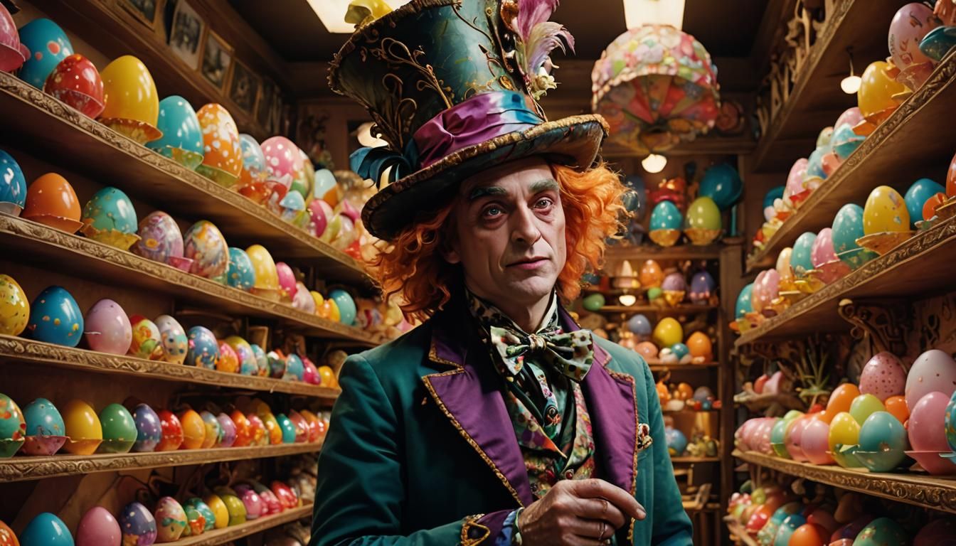 Mad Hatter Inspects Easter Bonnet in Whimsical Shop