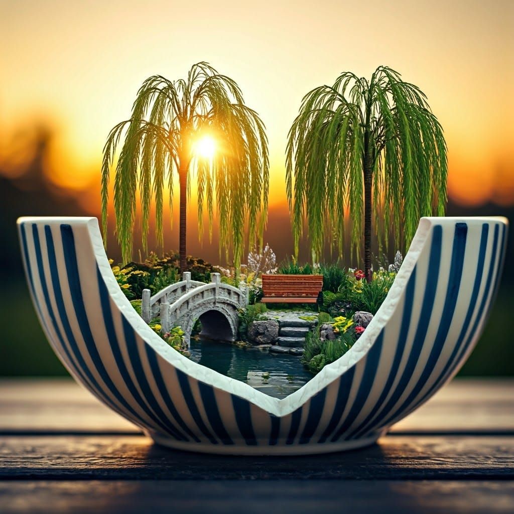 Delicate Willow Garden in a Cracked Ceramic Vessel