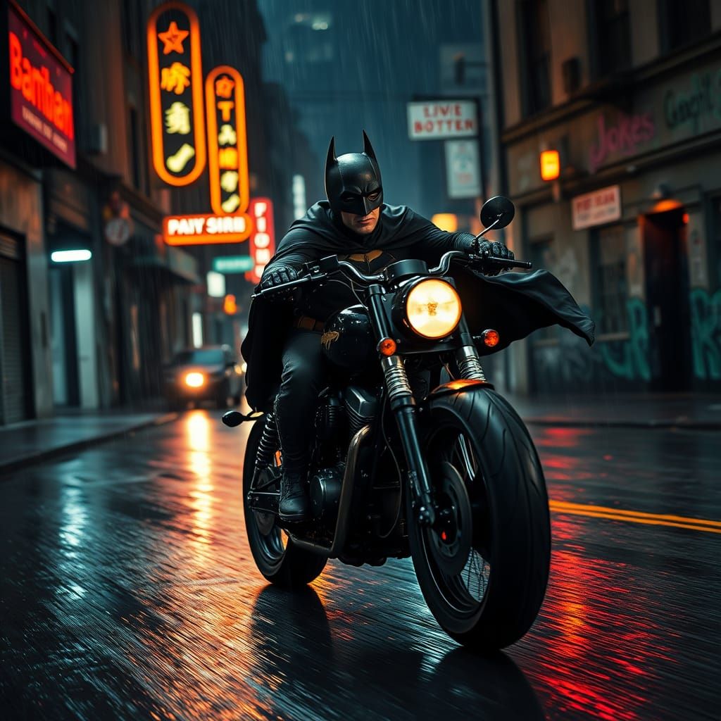 Batman on Chopper: Gritty Film Noir Scene
