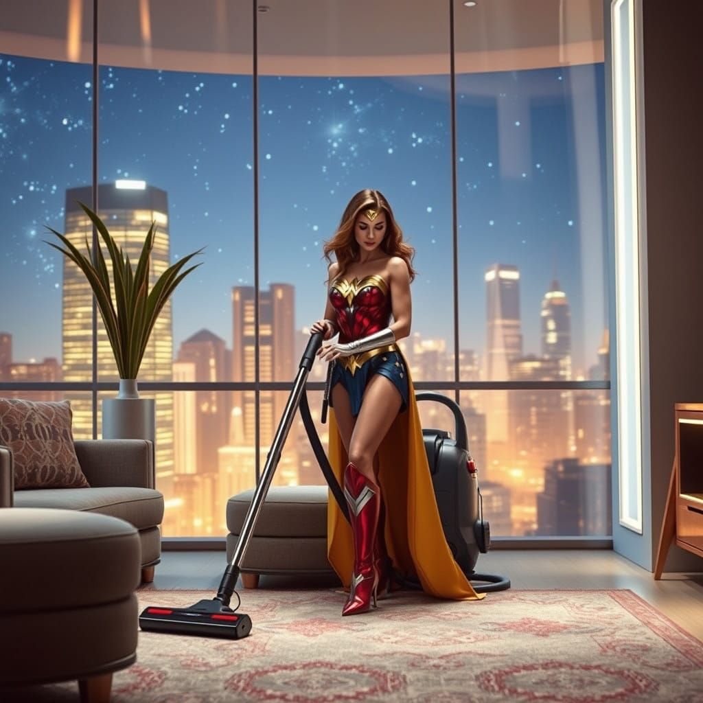 Wonder Woman Cleans Futuristic Penthouse with Hoover Vacuum