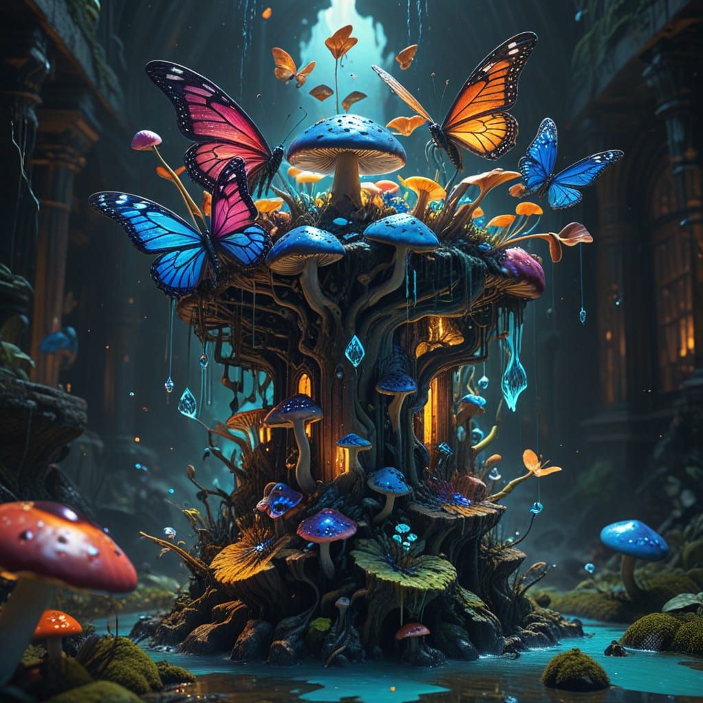 Cosmic Library Overgrown with Bioluminescent Mushrooms in Ps...