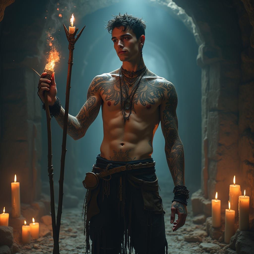 Mystical Sorcerer Adorned in Glowing Tattoos