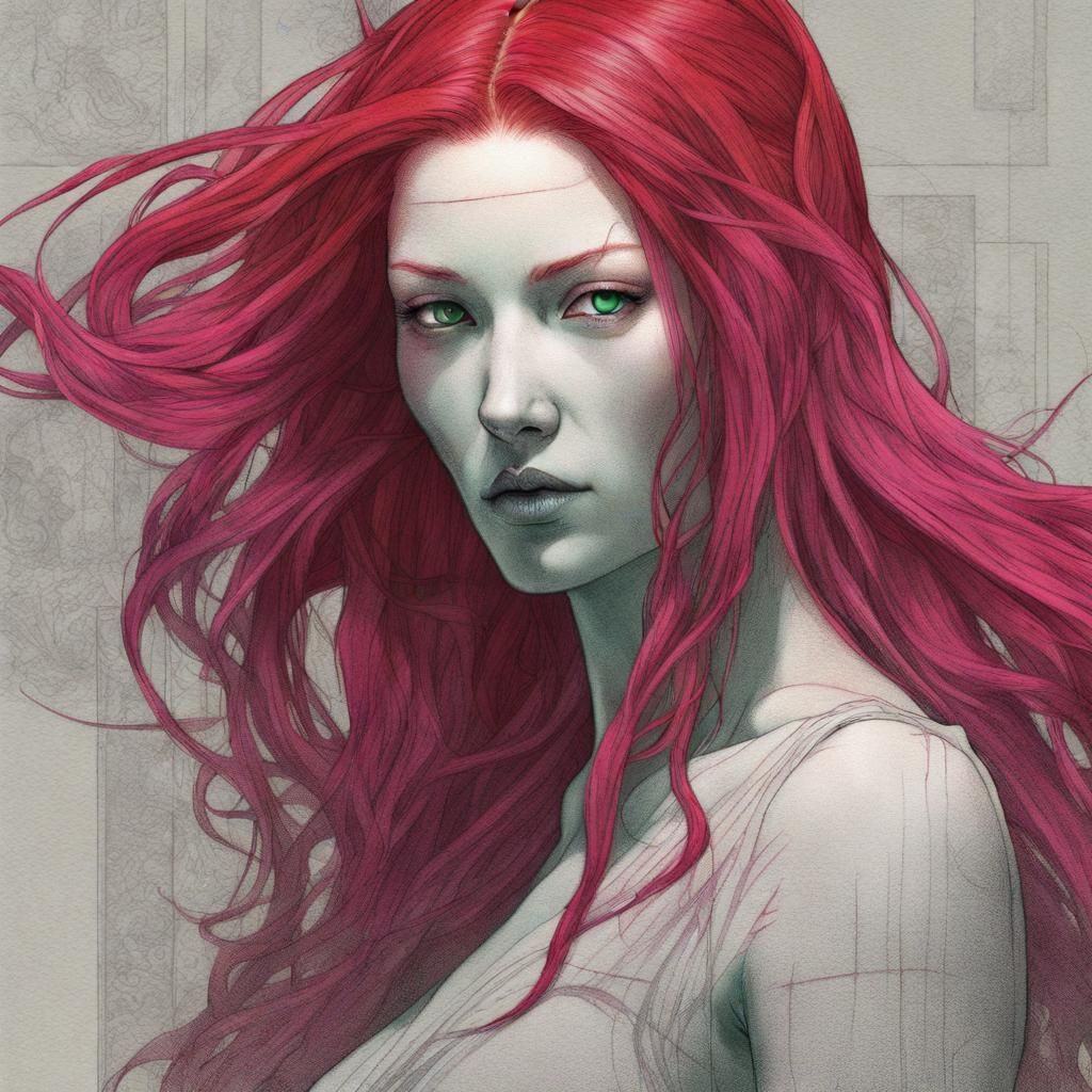 Siren with Red Hair in Ukiyo-e Style