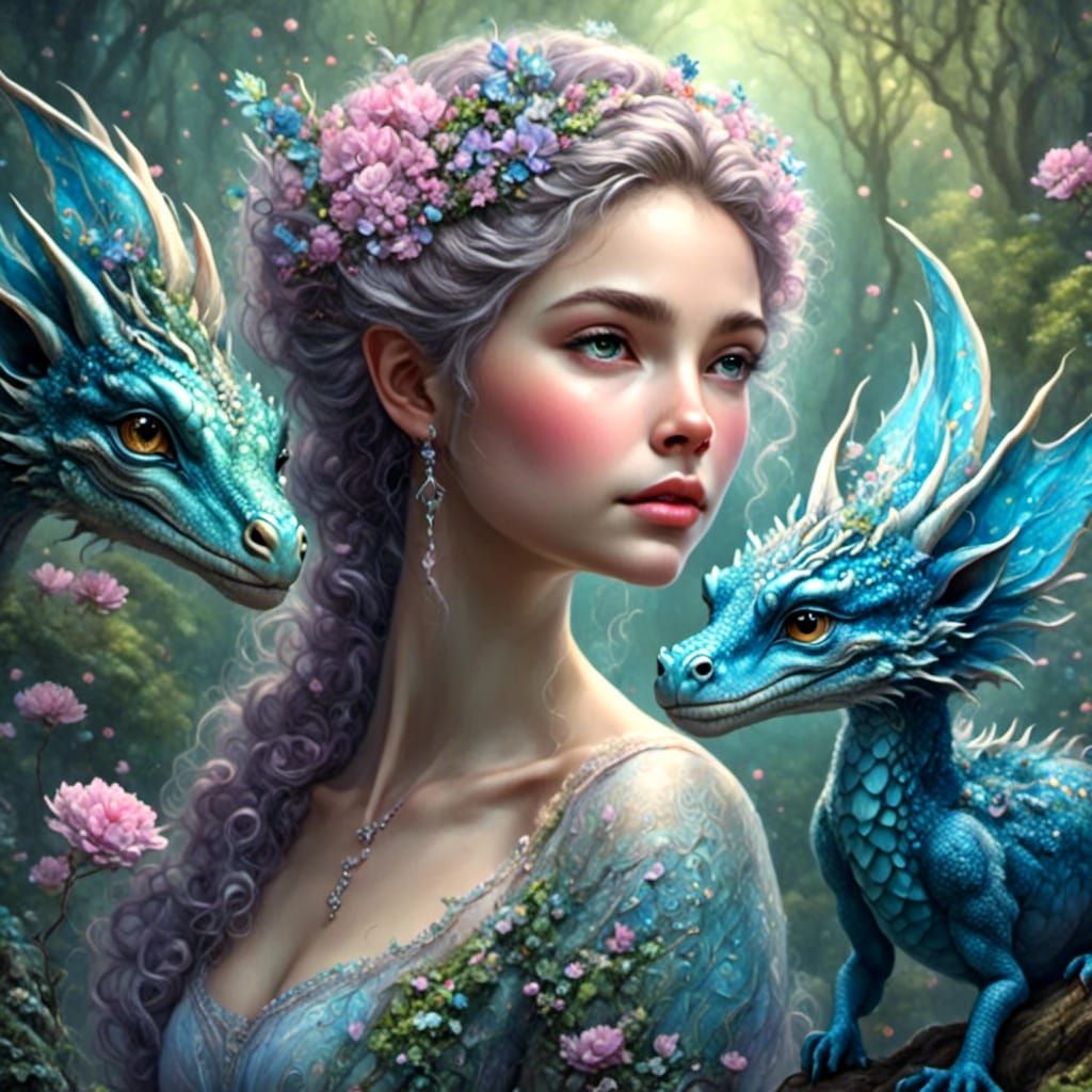 Fairy Feeding Dragon in Enchanted Forest Watercolor