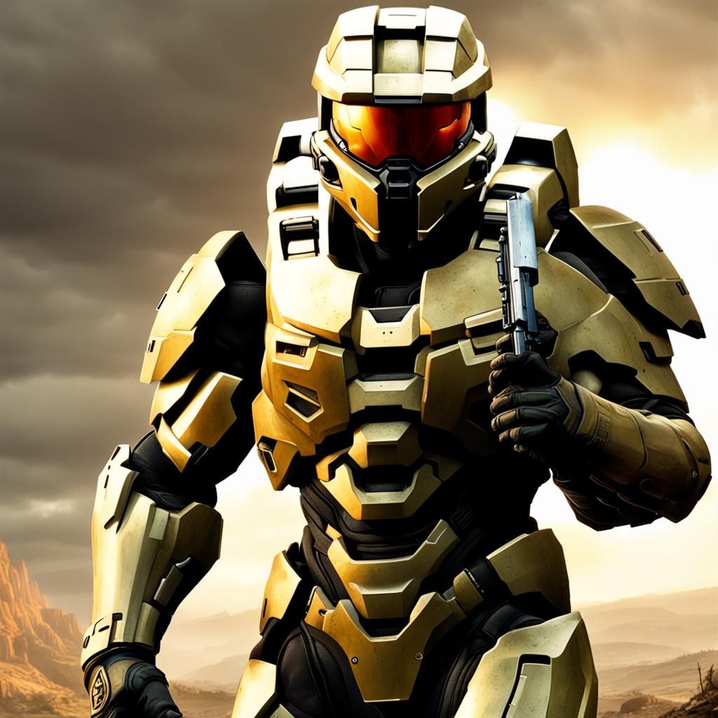 Quiero ver a un spartan de Halo epico como john 117 con una armadura desgastad pero trinfante despues de una dura batall...