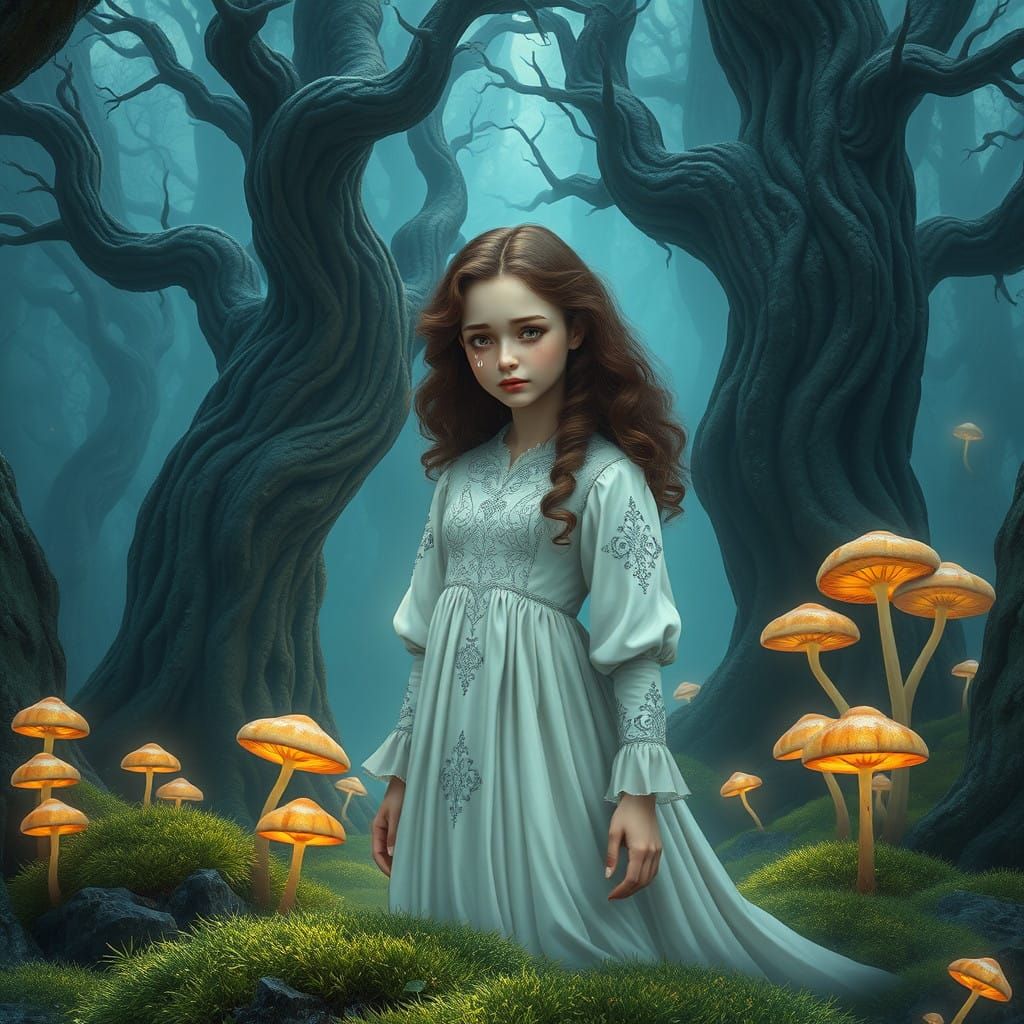 Sorrowful Maiden in Ancient Forest Dreamscape
