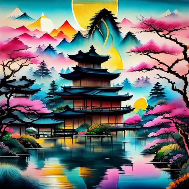 Serene Japanese Garden in Ukiyo-e Style