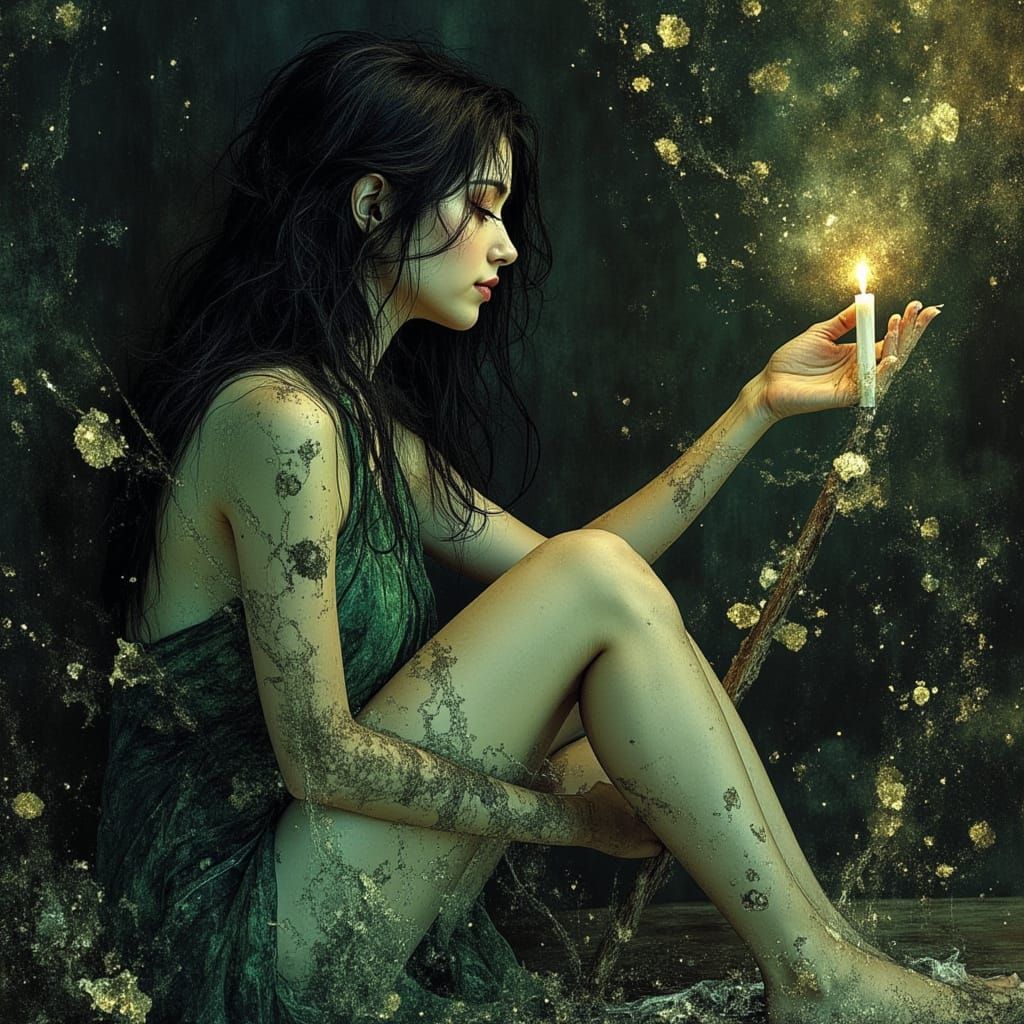 Fantasy Witch with Magical Broom Illustration in Black and W...