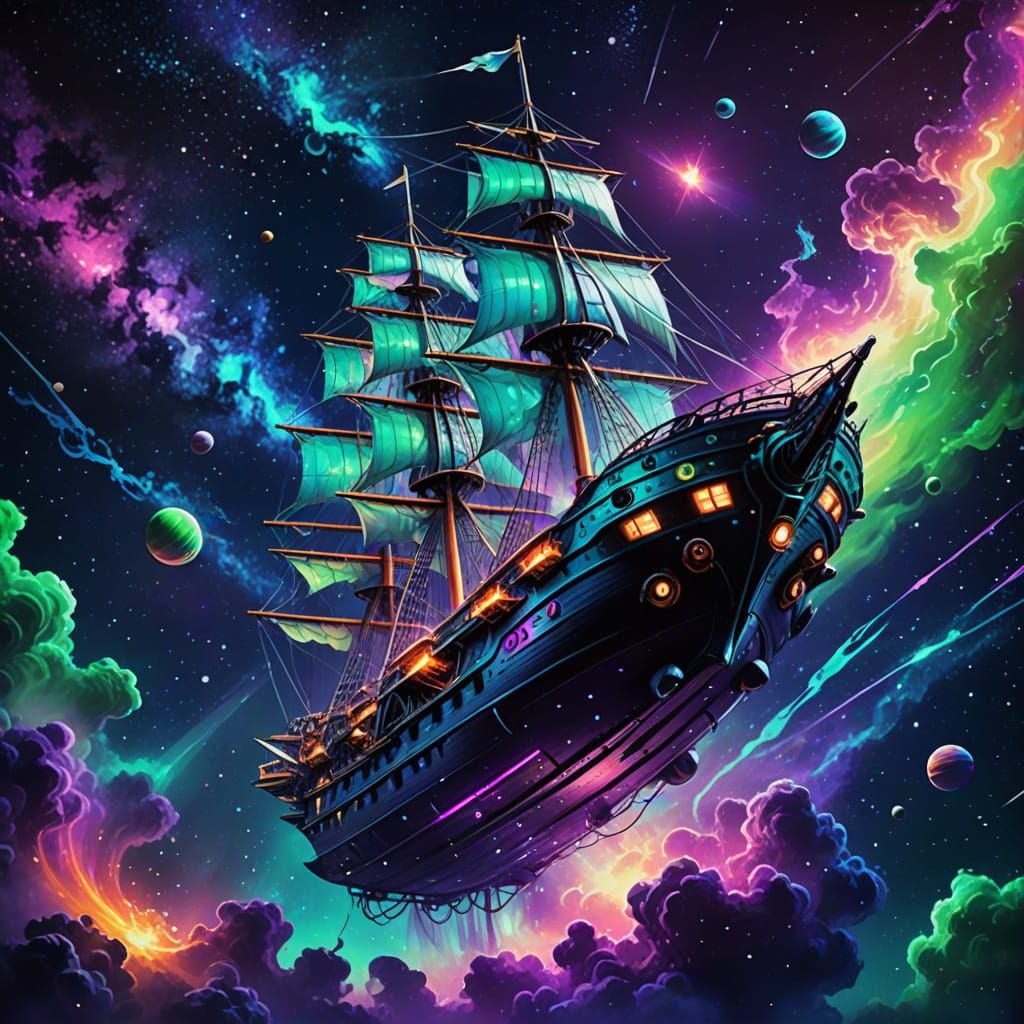 Sailing Through the Cosmos in Vibrant Digital Art