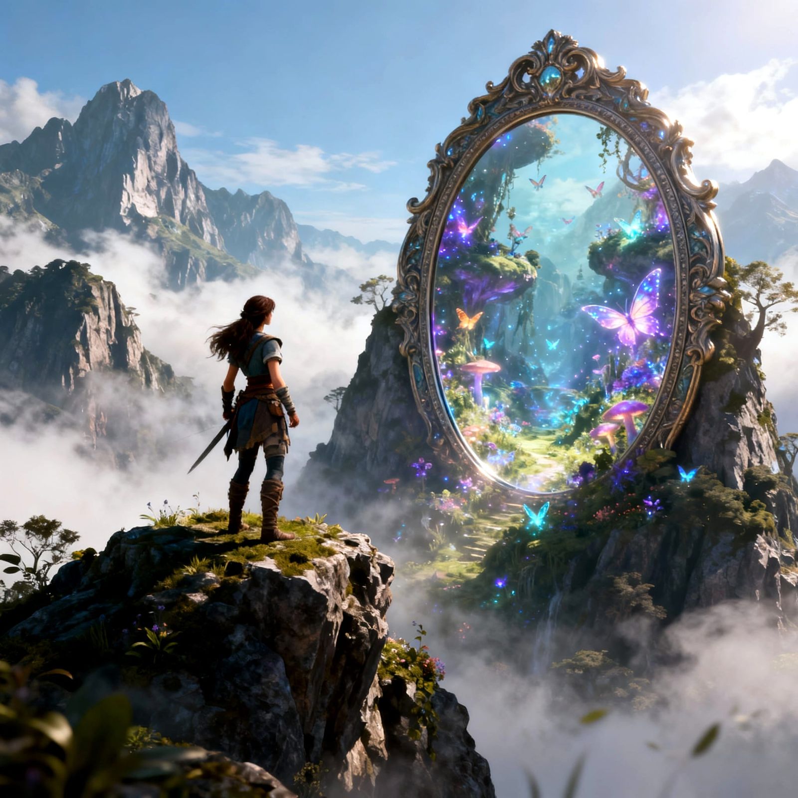 On the top of the mountain, she found a mirror mirroring a m...