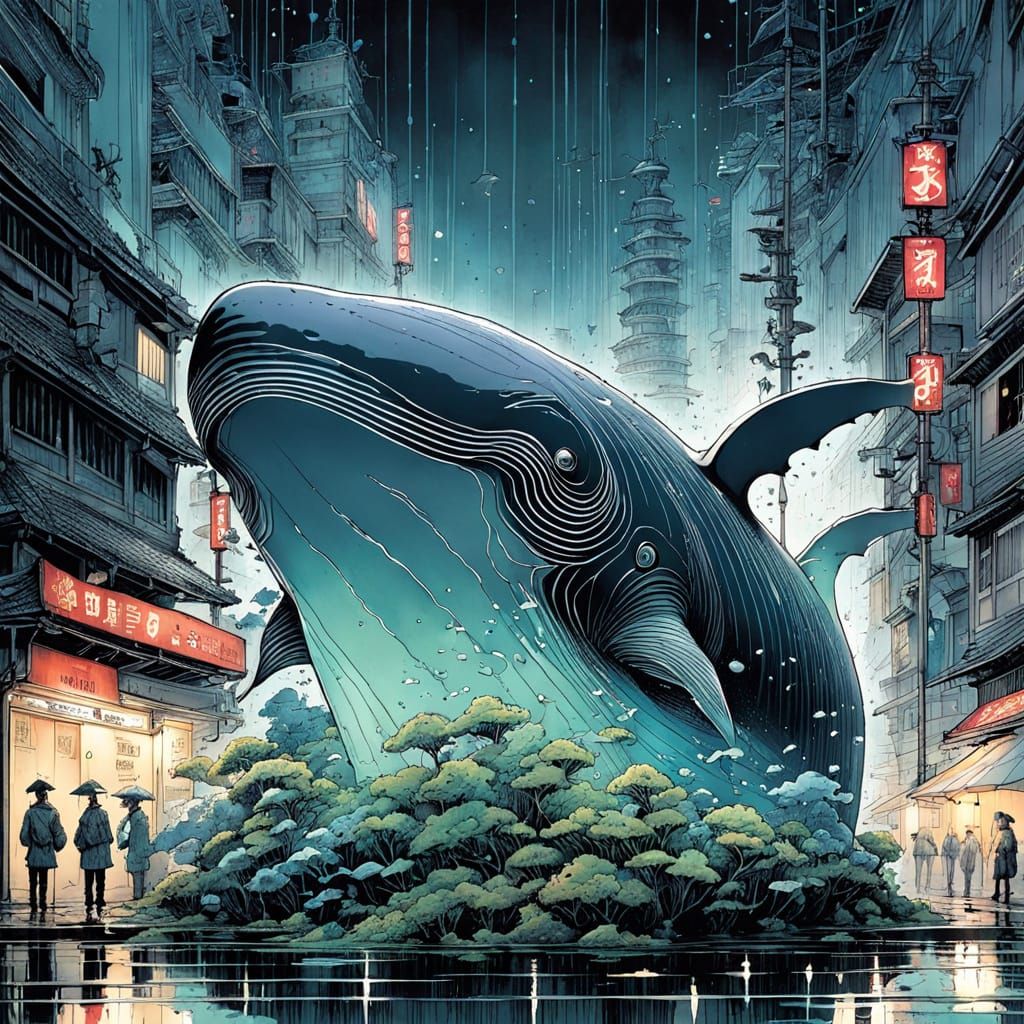 Surreal Whale in Rainy Night Manga Style