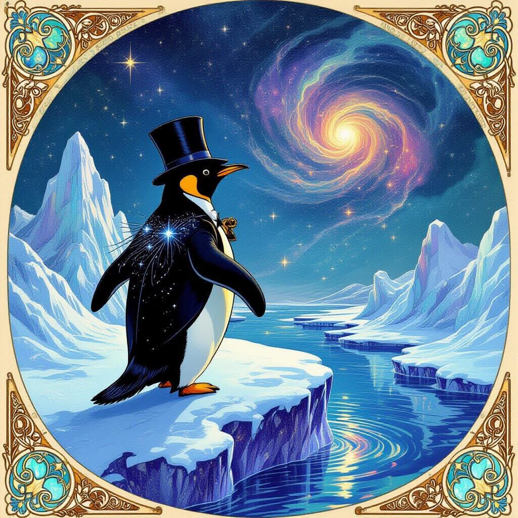 Celestial Penguin Observes Iridescent Nebulae, Art Nouveau S...