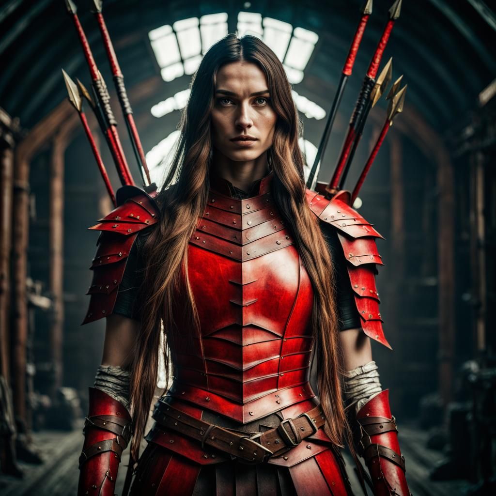Warrior woman wearing red leather armor