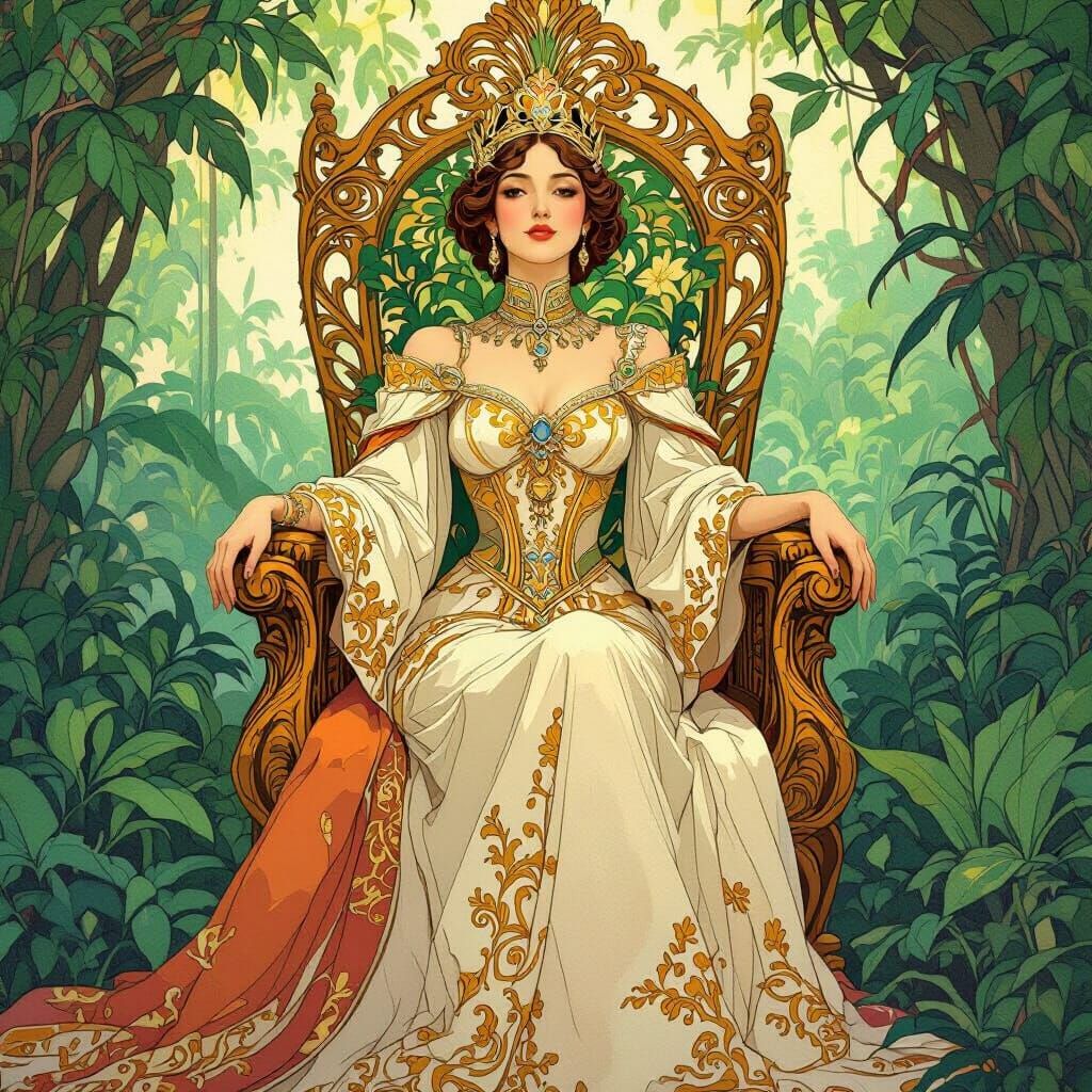 Jungle Queen on Golden Throne in Art Nouveau Style