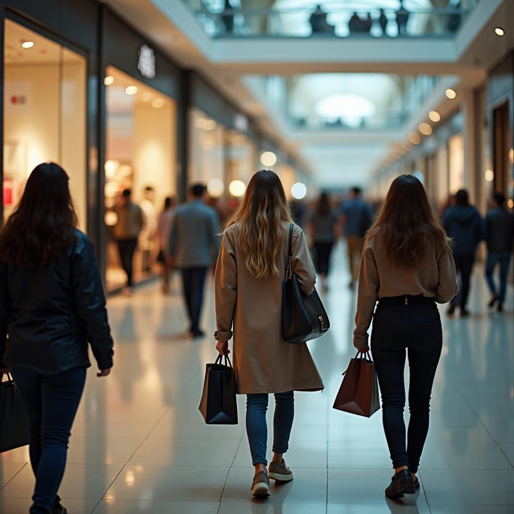 Crowd Exiting Modern Mall at Night: Cinematic Style